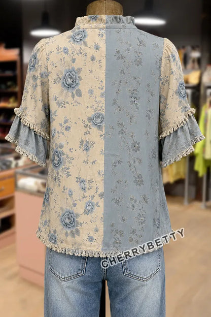Mixed Floral Print Ruffle Neck Frayed Hem Top