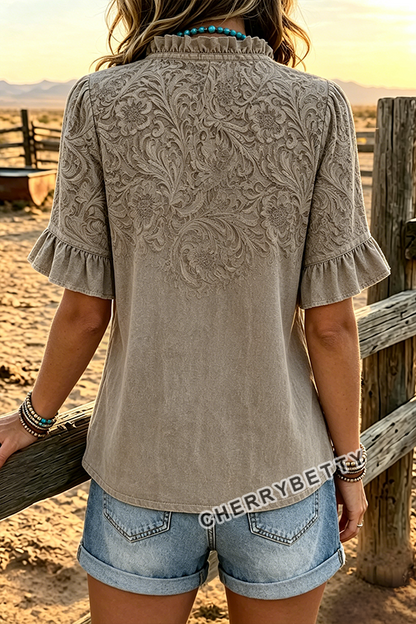 Vintage Floral Print V-Neck Ruffle Sleeve Blouse