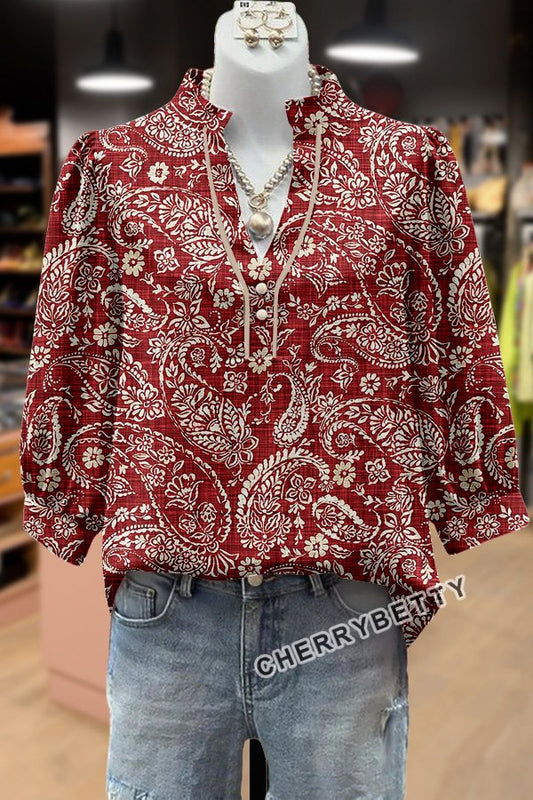 Paisley Floral Print V-Neck Top