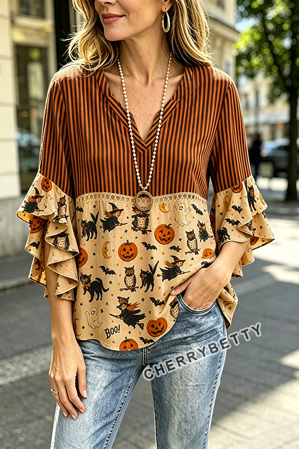 Funny Striped Halloween Print Ruffle Sleeve Hollow Out Top