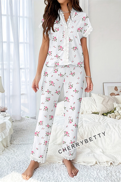 Cute Heart Print Lace Trim Cozy Pajama Set