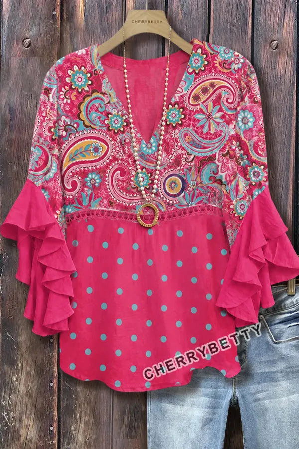 Vintage Paisley Print V-Neck Hollow Out Top
