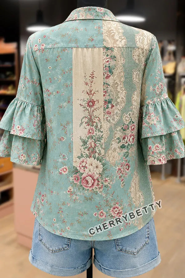 Mixed Floral Print Collared Ruffle Sleeve Top