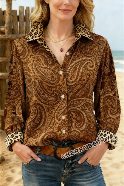 Vintage Paisley Print Leopard Collar Long Sleeve Blouse