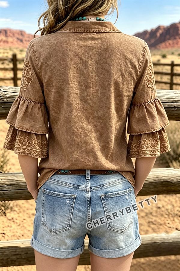 Retro Flower Embroidered Collared Ruffle Sleeve Top