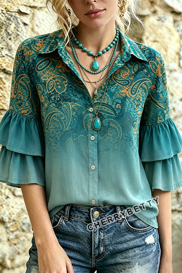 Gradient Paisley Print Layered Ruffle Sleeve Blouse