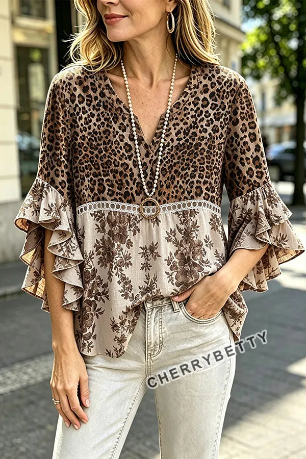 Vintage Leopard Floral Print Ruffle Sleeve Hollow Out Top
