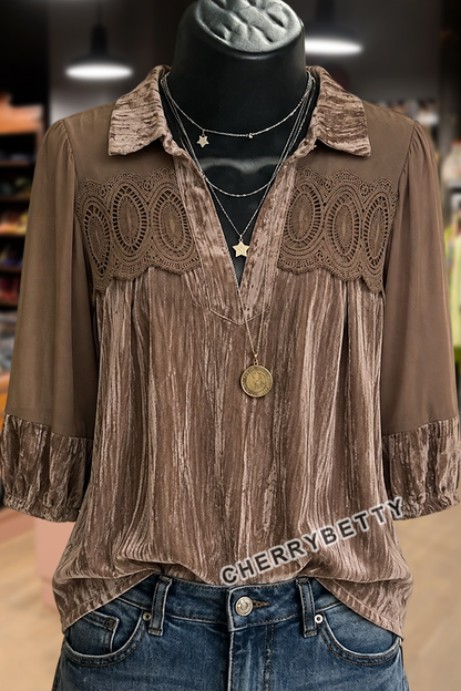 Solid Collared Lace Patchwork Three Quarter Sleeve Velvet Blouse