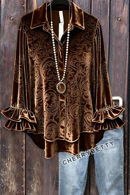 Vintage Floral Print Ruffle Long Sleeve Holiday Velvet Top