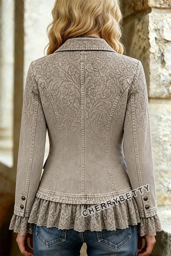 Retro Floral Print Lace Patch Jacket