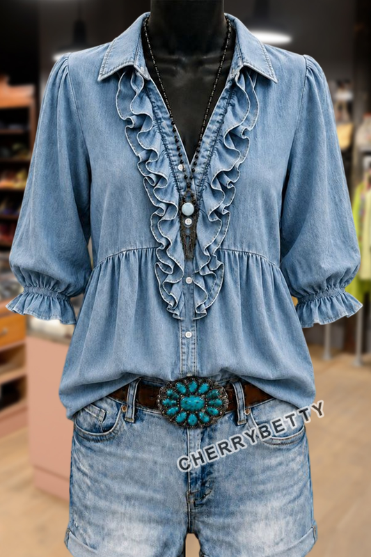 Solid Notch Neck Puff Sleeve Denim Blouse