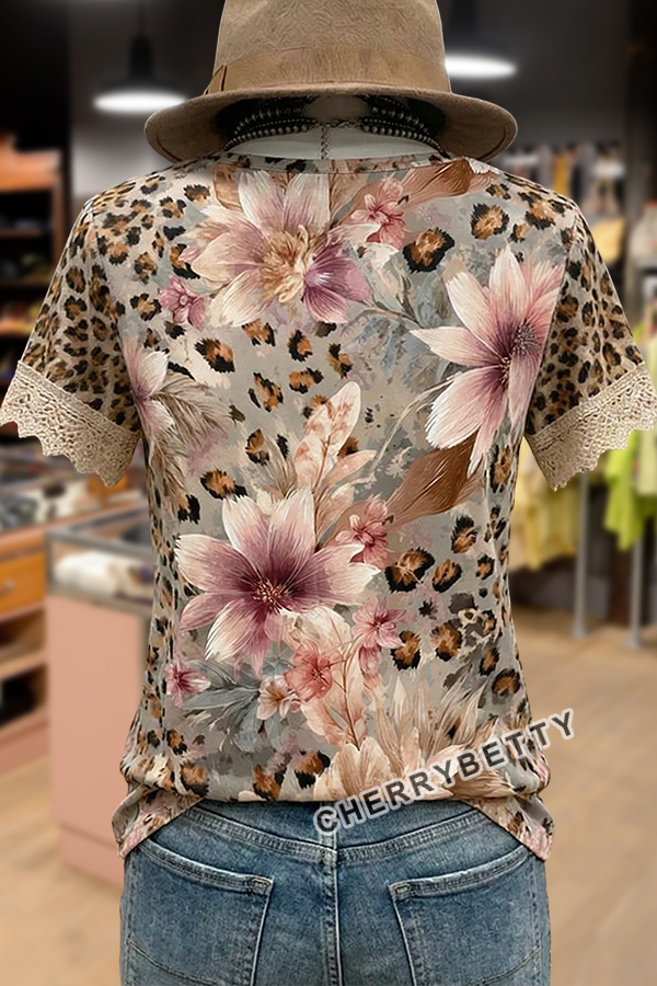Mixed Leopard Floral Print   Lace Patch T-Shirt