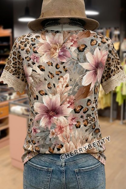 Mixed Leopard Floral Print   Lace Patch T-Shirt