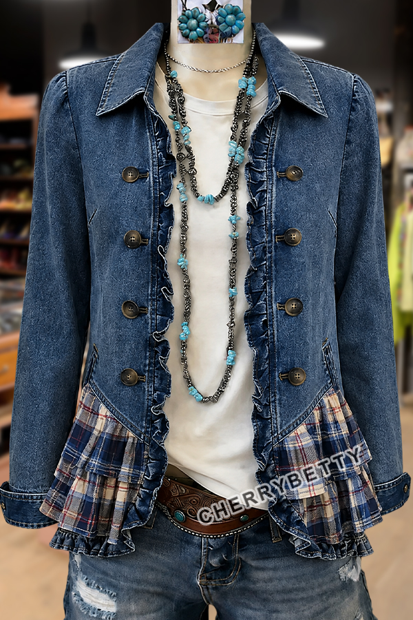 Boho Ruffle Trim Plaid Patch Denim Jacket