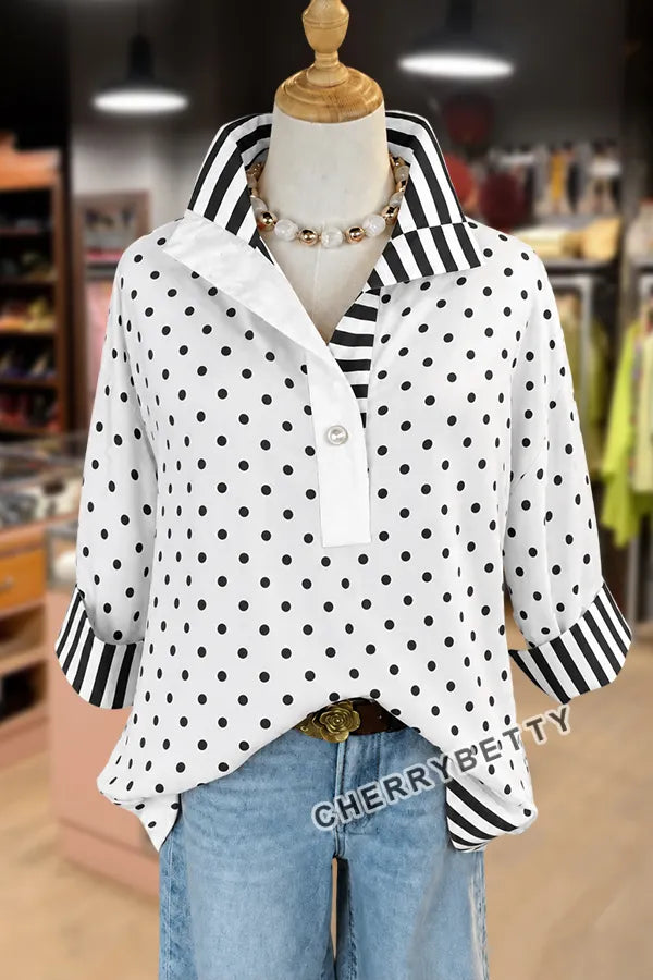Mixed Polka Dot Print Striped Collar Three Quater Sleeve Blouse