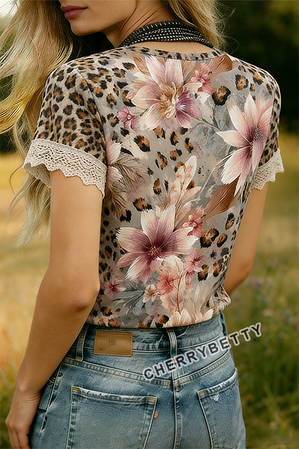 Mixed Leopard Floral Print   Lace Patch T-Shirt