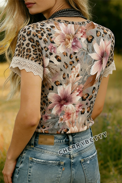 Mixed Leopard Floral Print   Lace Patch T-Shirt