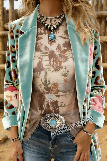 Leopard Floral Print Velvet Blazer