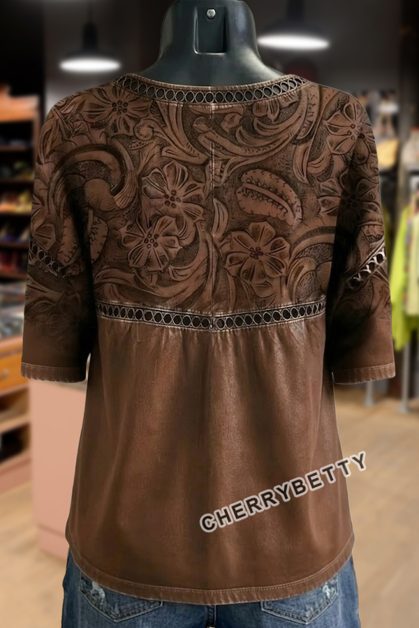 Retro Floral Print Hollow Out Top