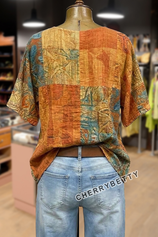 Retro Floral Embroidered V-Neck Cotton Blouse