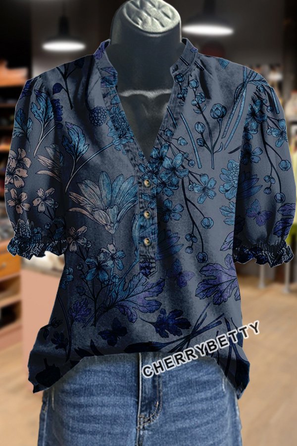 Vintage Floral Print V-Neck Top