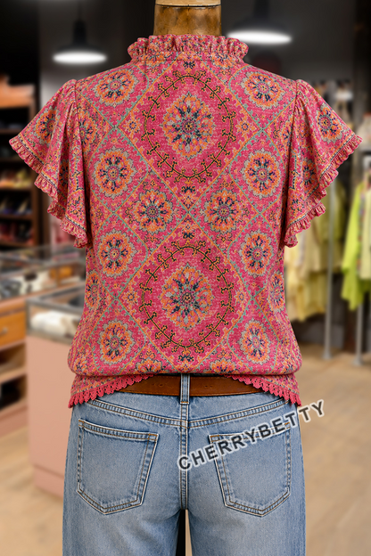 Bohemian Floral Print Ruffle Neck Fringe Hem Top