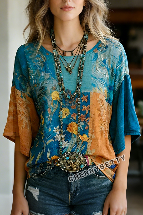Mixed Fabric Print Dolman Sleeve Cotton Top