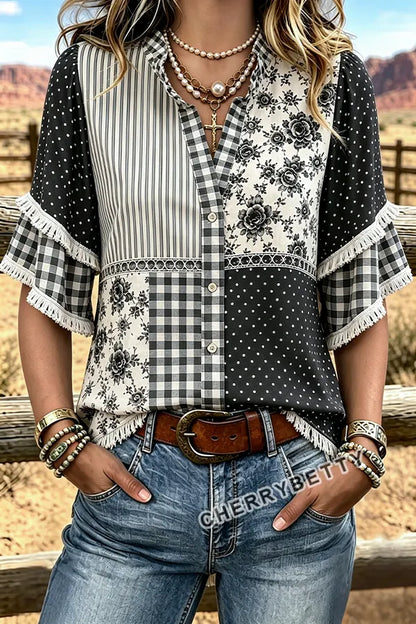 Mixed Floral Gingham Polka Dot  Print Ruffle Neck Frayed Hem Top