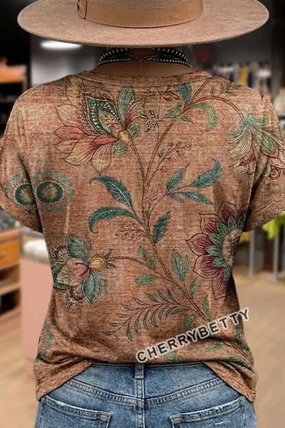 Retro Floral Print Button Detailed V-Neck T-Shirt