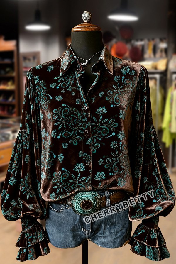 Retro Floral Print Lantern Sleeve Velvet Top