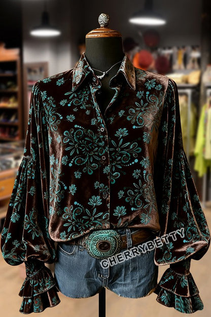 Retro Floral Print Lantern Sleeve Velvet Top