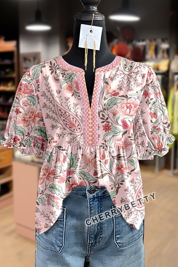 Vintage Floral Print Puff Sleeve Top