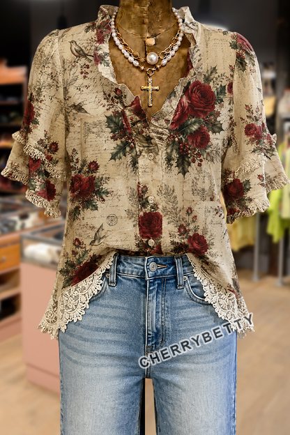Vintage Floral Print Ruffle Sleeve Lace Patch Top