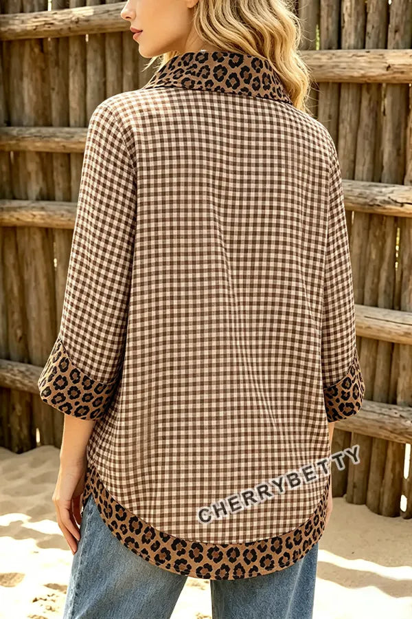 Classic Gingham Pattern Leopard  Collar Three Quater Sleeve Blouse