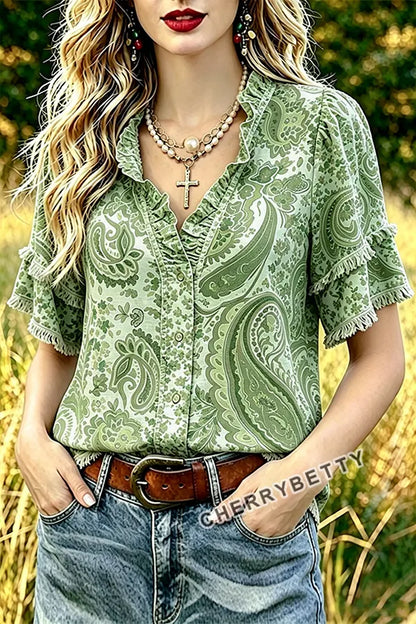 Retro Paisley Print Ruffle Neck Frayed Hem Top