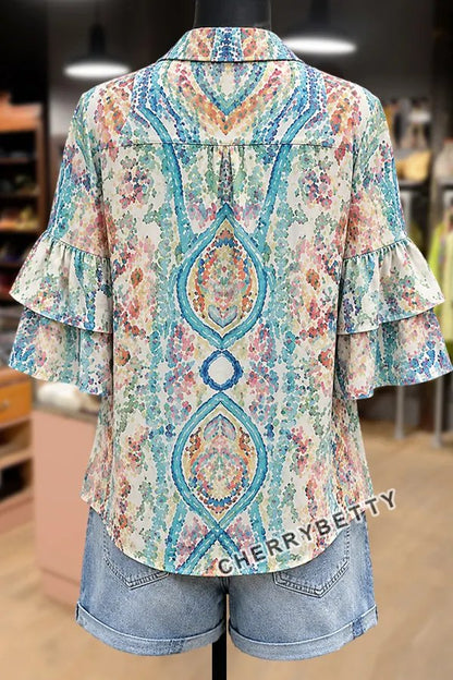 Colorful Floral Print Collared Ruffle Sleeve Top
