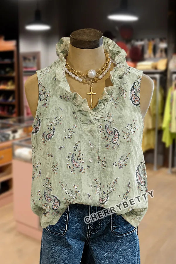 Bohemian Paisley Print Ruffle Neck Sleeveless Tank Top