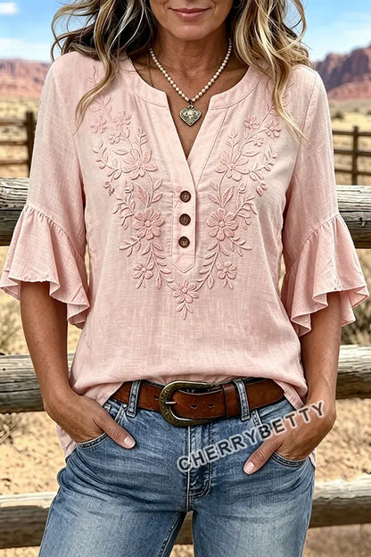 Femine Flower Embroidered Ruffle Sleeve Cotton Top