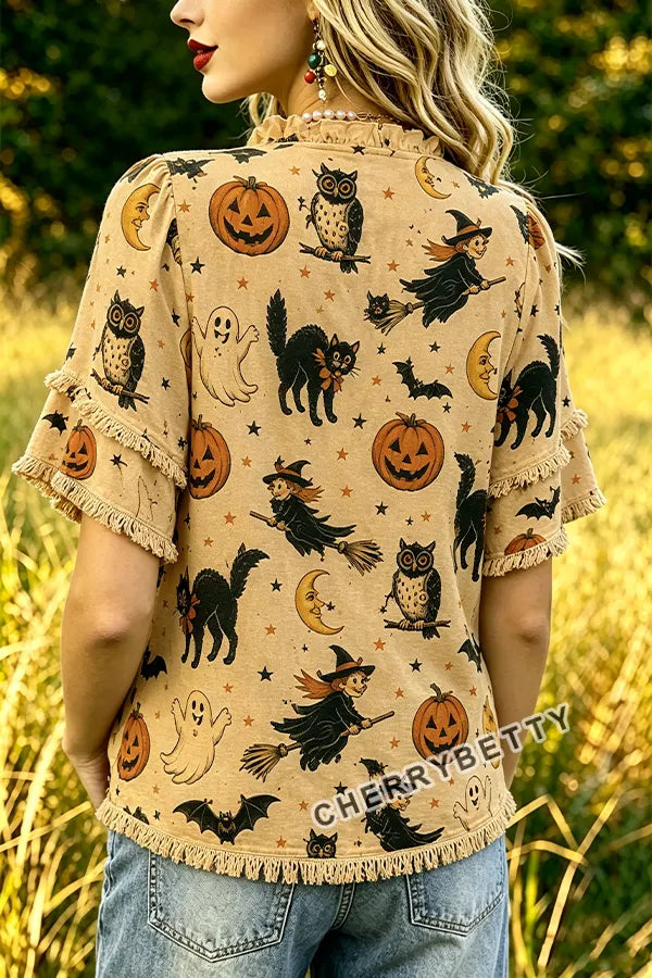 Funny Halloween Print Ruffle Neck Frayed Hem Top