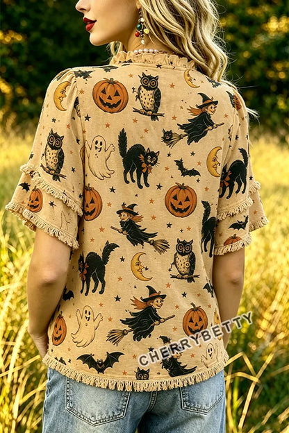 Funny Halloween Print Ruffle Neck Frayed Hem Top