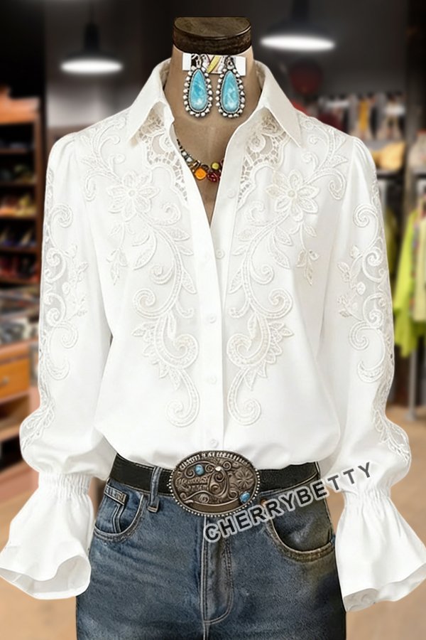 Vintage Flower Embroidered Flared Cuffs Blouse