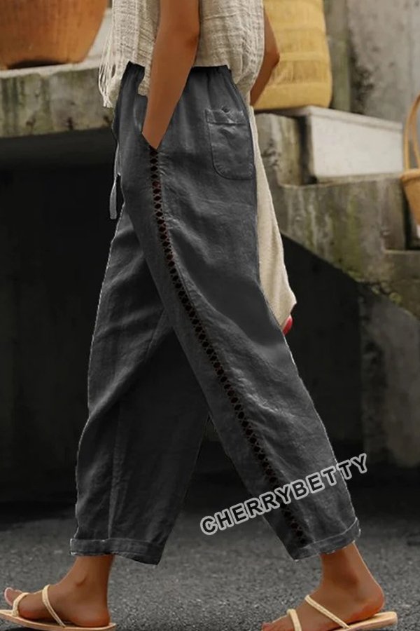 Casual Hollow Out Lace Patch Linen Pants