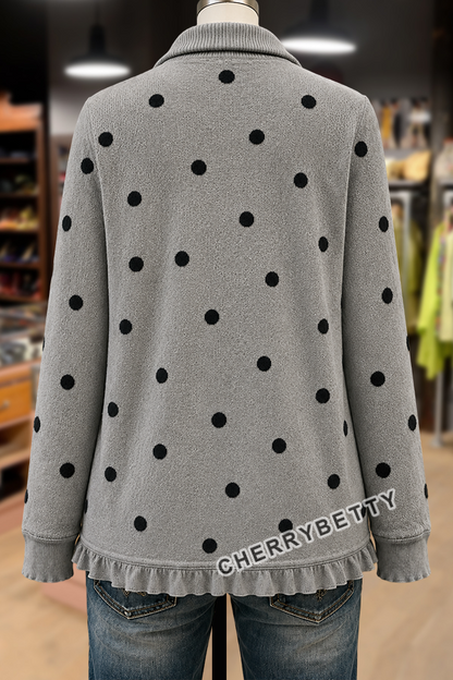 Classic Polka Dot Pattern Long Sleeve Ruffle Trim Cardigan