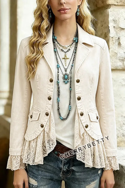 Solid Collar Long Sleeve Lace Ruffle Hem Jacket