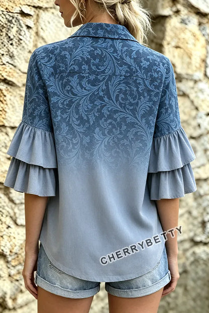 Gradient Floral Print Ruffle Sleeve Top