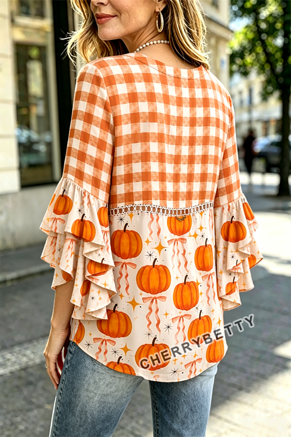 Vintage Plaid Pumpkin Print Hollow Out Ruffle Sleeve Top