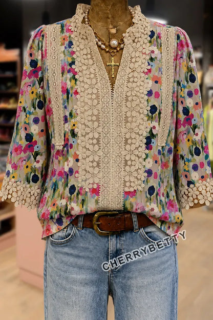Abstract Floral Print Lace Patch Three Quater Sleeve Top