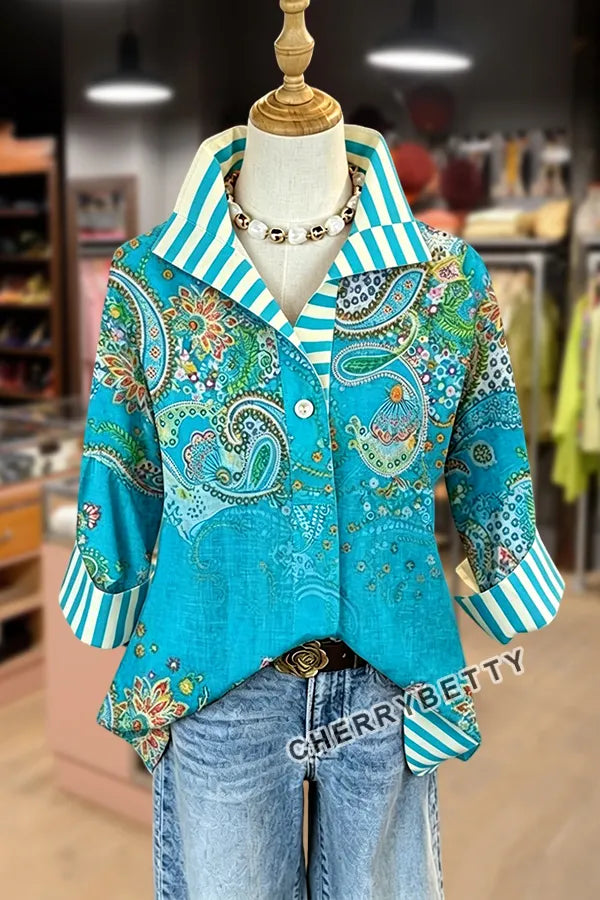 Vintage Paisley Print Striped Collar Blouse