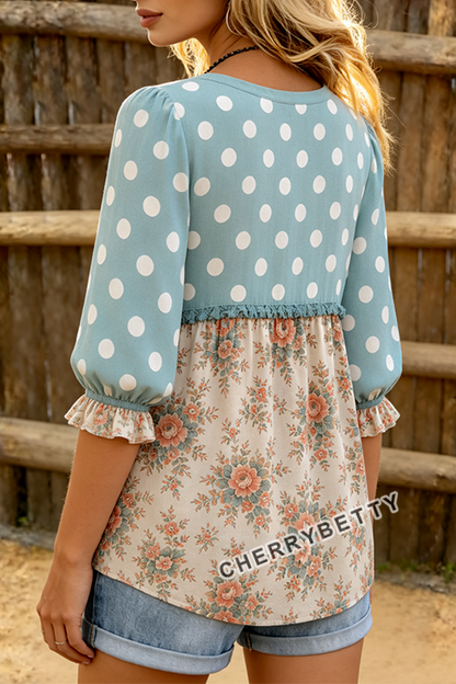 Mixed Polka Dot Floral Print Notch Neck Puff Sleeve Top