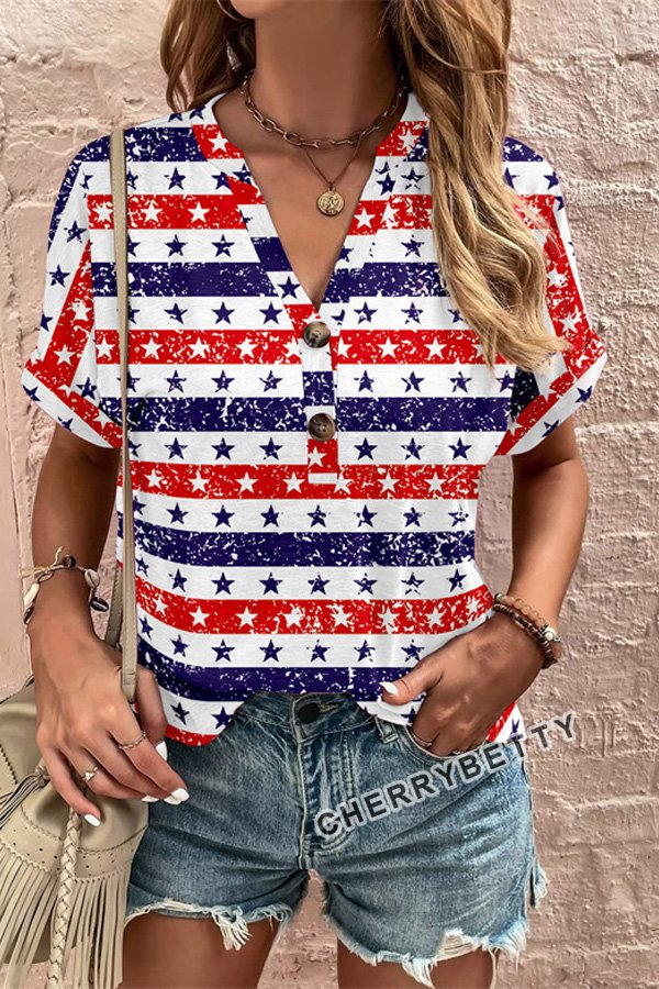 Floral Print Button Detailed V-Neck Top